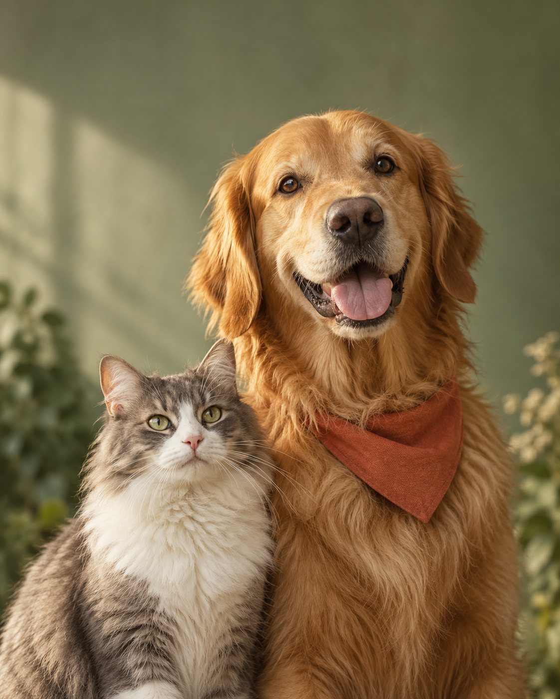 A golden retriever and a grey-and-white cat sitting together in warm sunlight